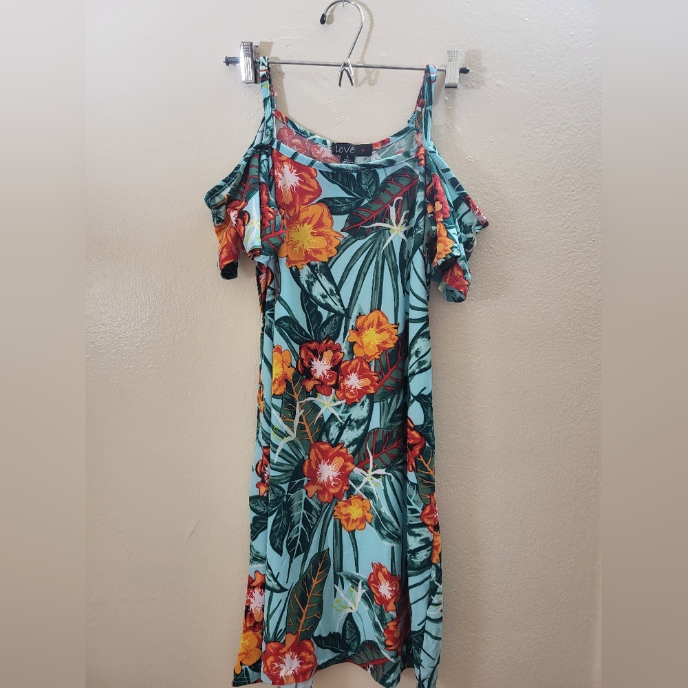Loose Fit Women's Floral Cold Shoulder Dress - Green and Orange